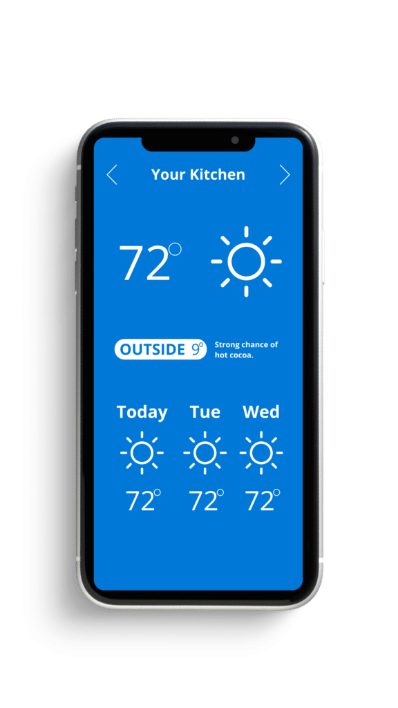 A smartphone displays a weather app showing Your Kitchen temperature as 72°F with a sunny icon. Below, the outside temperature is 9°F, reminding you to keep warm with a strong chance of hot cocoa. Forecast shows sunny weather with 72°F for today, Tuesday, and Wednesday.