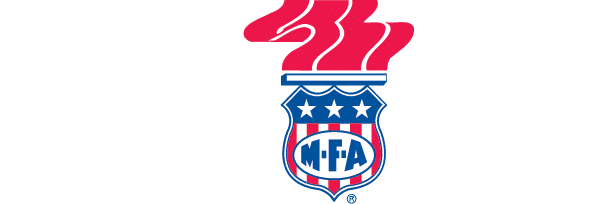 MFA Oil logo featuring a blue and red shield with vertical stripes and three stars at the top. The letters MFA are in the center. Above the shield are three stylized red flames.